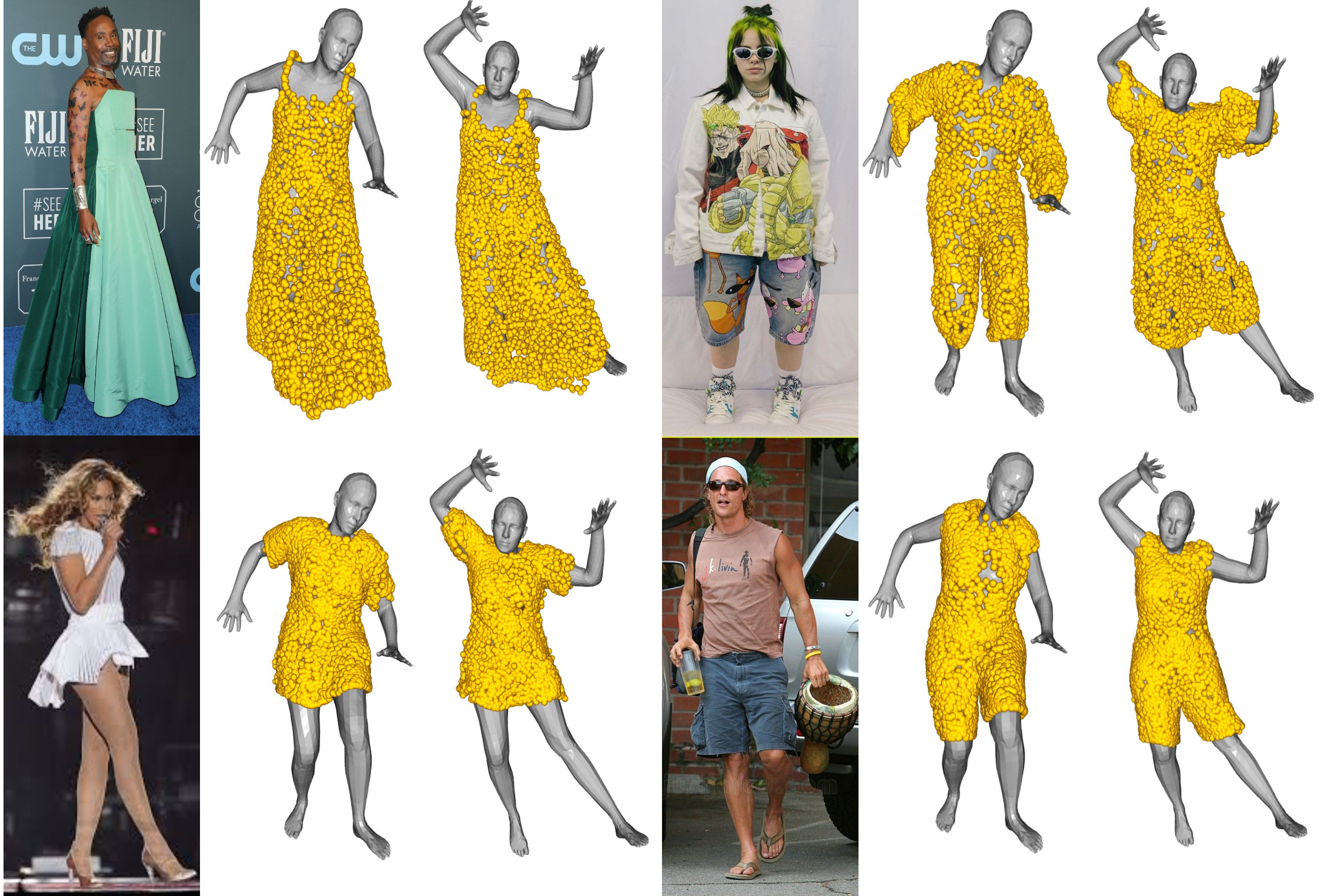 Outfits modeled from single in-the-wild images using our model are retargeted to novel poses